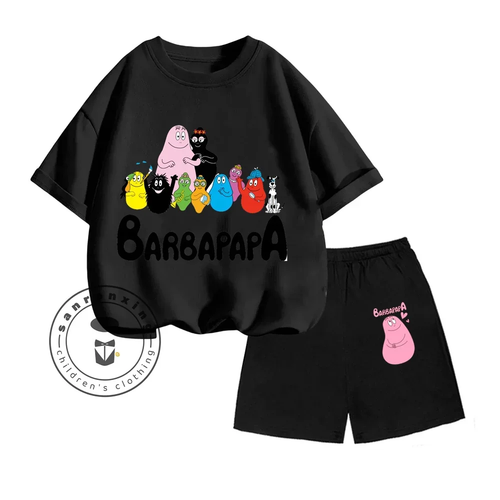 Barbapapa Cartoon Character Print Design O-neck Retro Style Short Sleeve and Simple Shorts Children Summer Perfect Two-piece Set