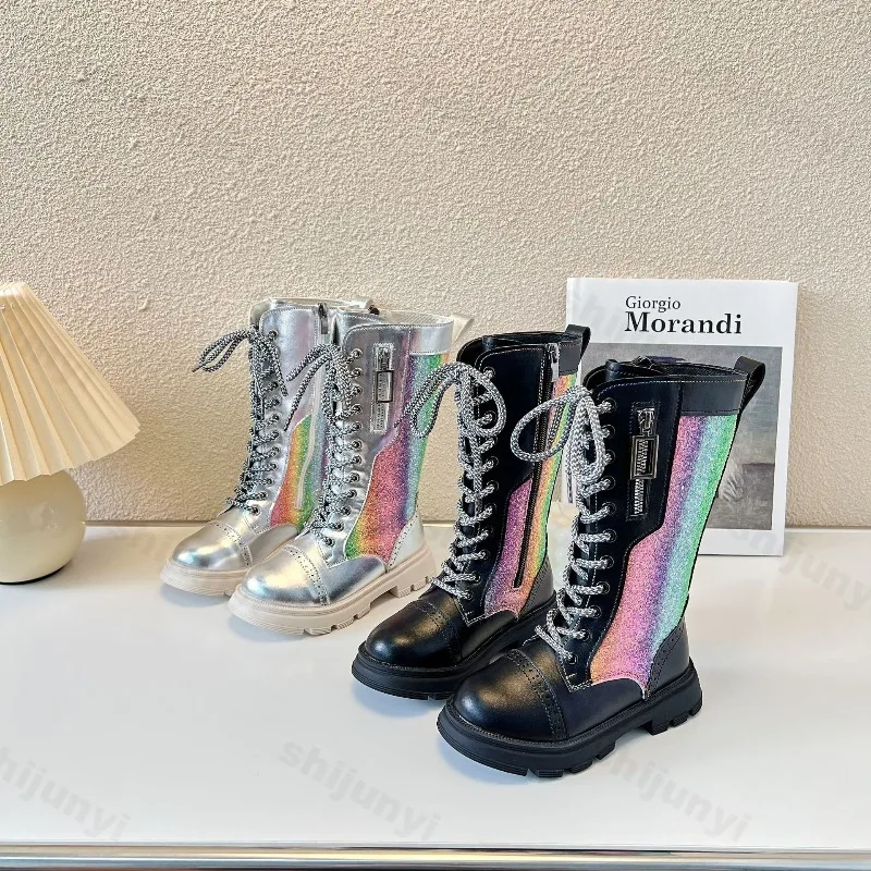 

Сапоги принцессы для девочек, осень 202, радужные нескользящие уличные удобные детские сапоги с высоким берцем на мягкой подошве, модные детские кожаные сапоги