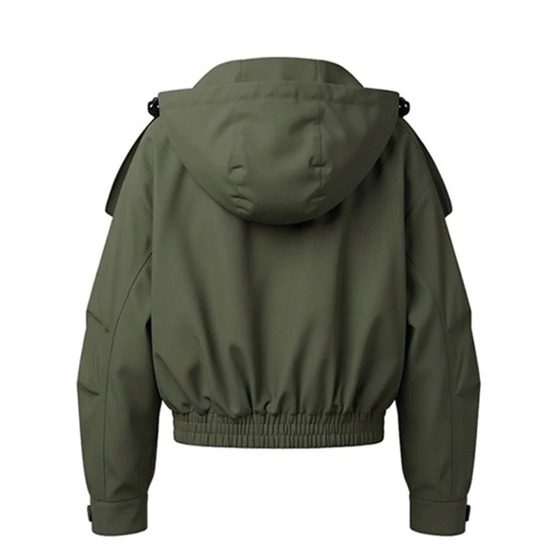 Women Hooded Cargo Jacket Zip‑Up Button Multi Flap Pockets  Loose Military‑Style Short Windbreaker Casual Ladies Outerwear Coat