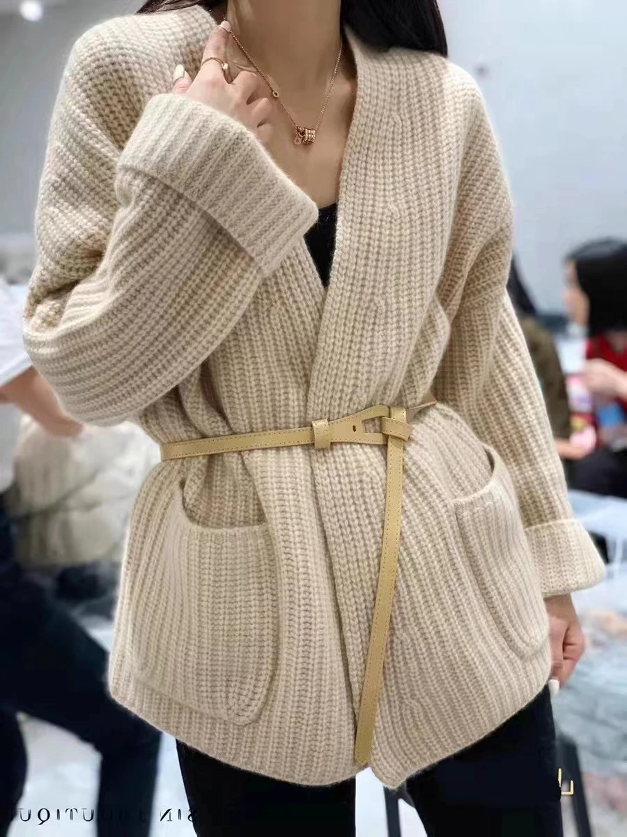 Autumn Winter New 100% Merino Wool Cardigan Knitted Sweater Women\'s Fashion Loose Large Size Cardigans Solid Thickened Clothing