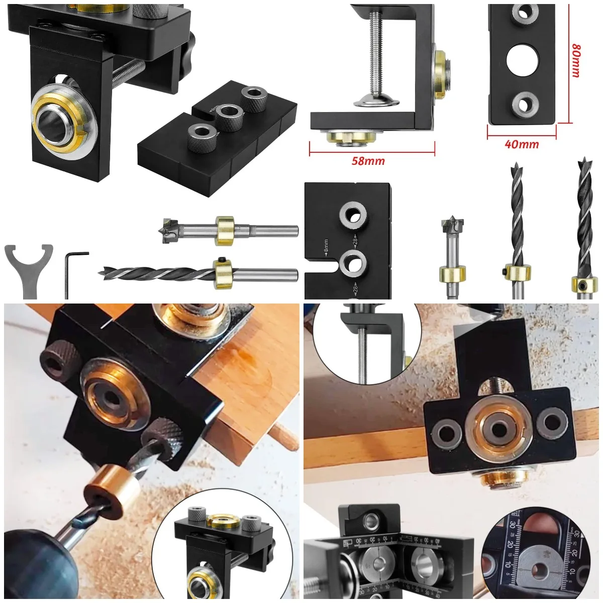 

3-in-1 Pocket Hole Jig Kit with Dowel Punch, 8/10/15mm Drill Bits, Adjustable Woodworking Locator