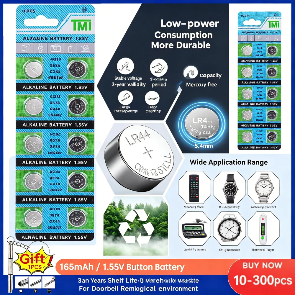 

1.55V 165mAh LR44 AG13 A76 303 357 PX76 G13A LR1154 SR44 Button Cell Coins for Watch Toys Remote SR43SW AG 13 Alkaline Battery
