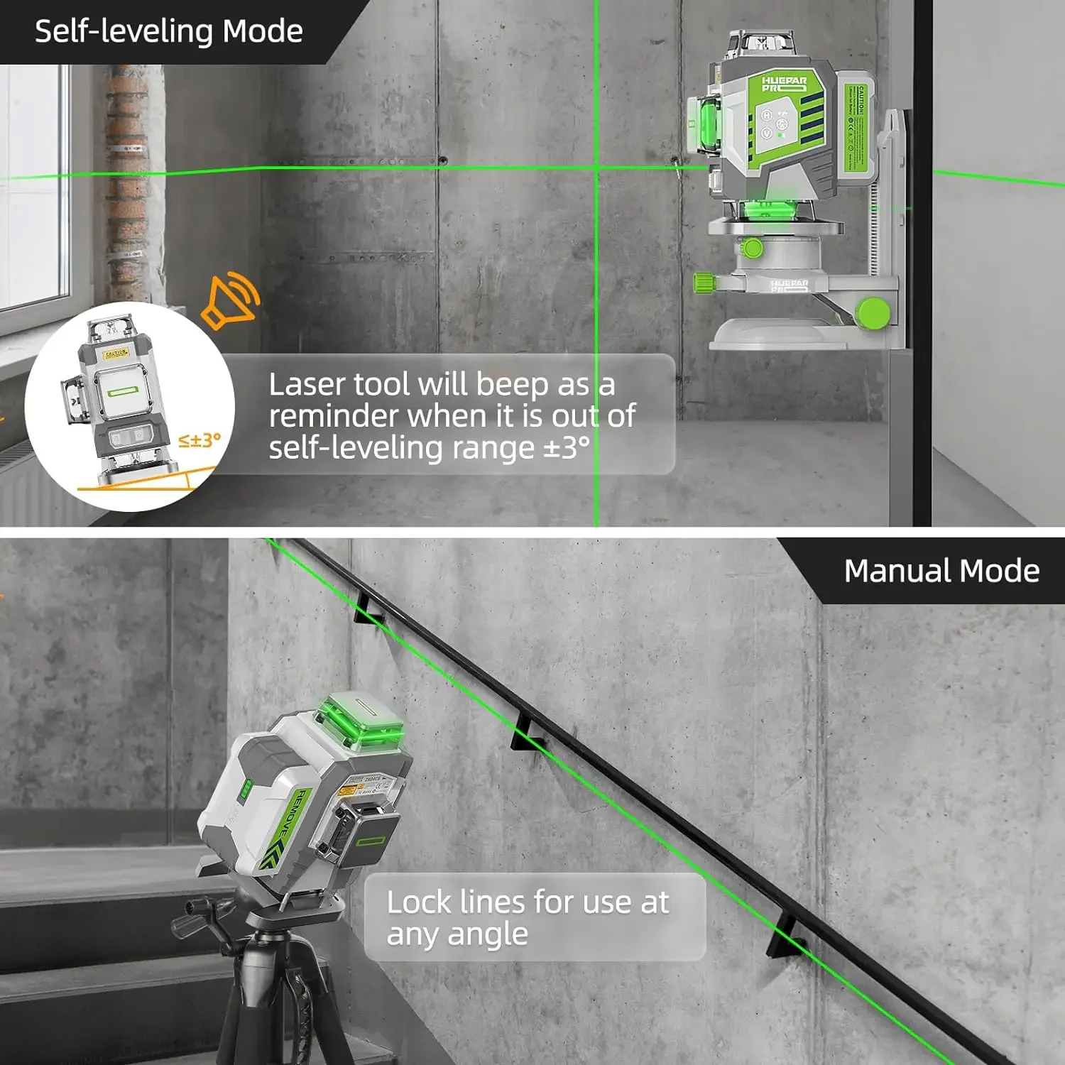 Huepar Professional Laser Level 4D 16 Lines ±2mm High Accuracy Green Cross Line Laser & 8000mAh Li-ion Battery For Construction