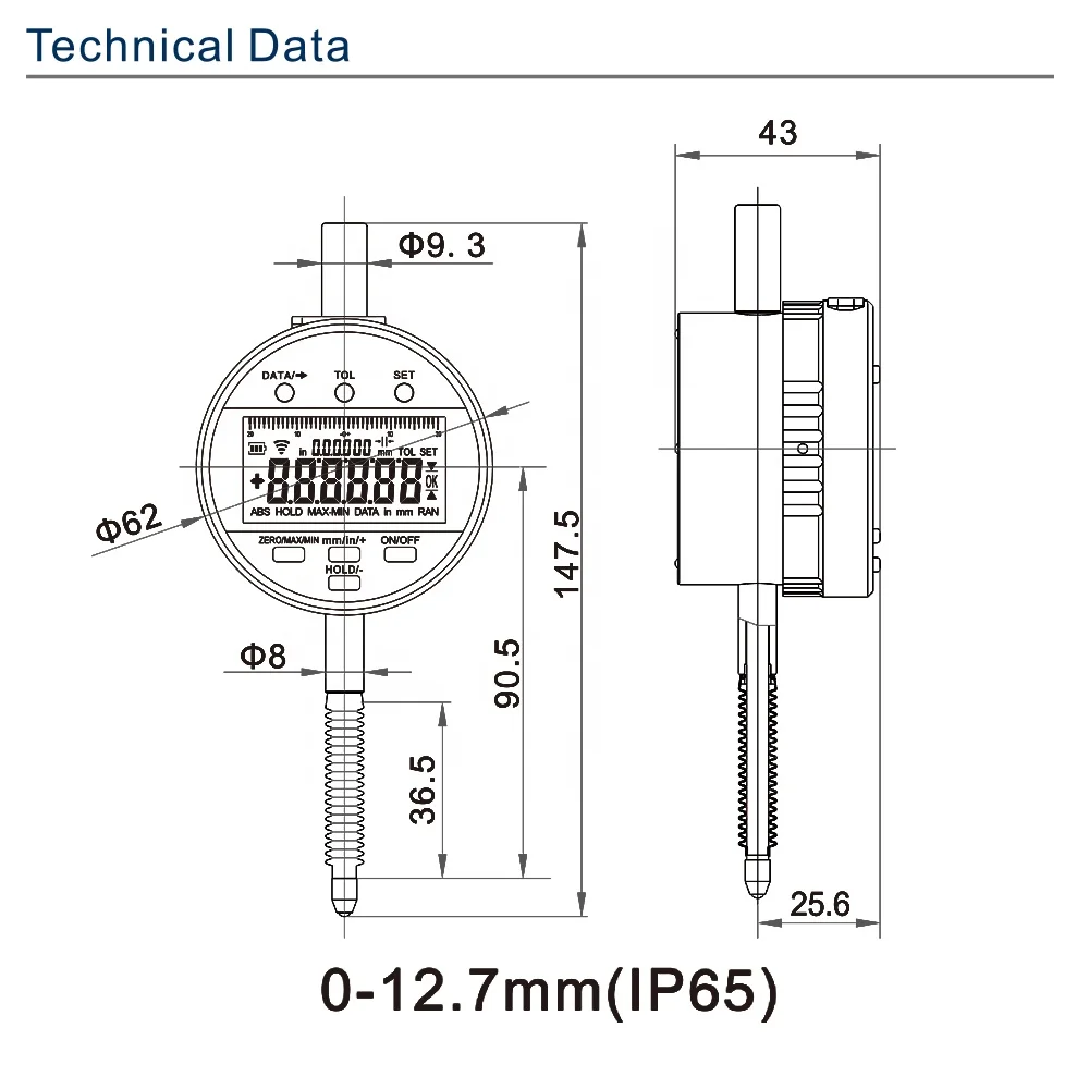 SHAHE Wireless IP65 Waterproof and Dustproof Metric/Inch 0-12.7 mm 0.001mm Electronic Indicator with Rechargeable Battery