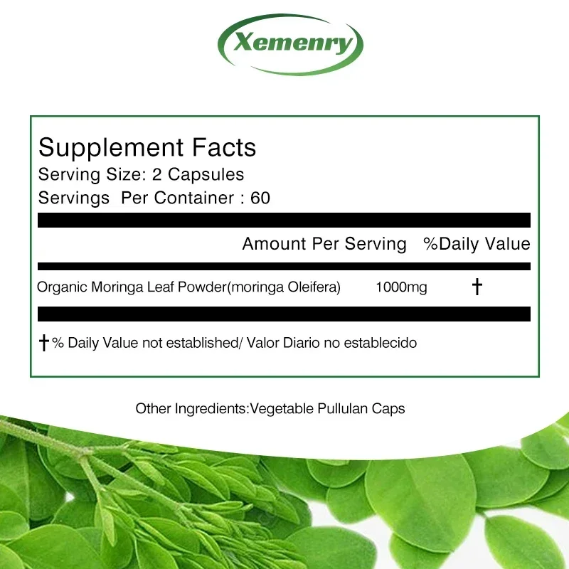 Moringa Capsules - Promotes Cell Repair, Nutrient Absorption, Antioxidant, Improve Energy Levels, Boosts Immunity, Non-GMO