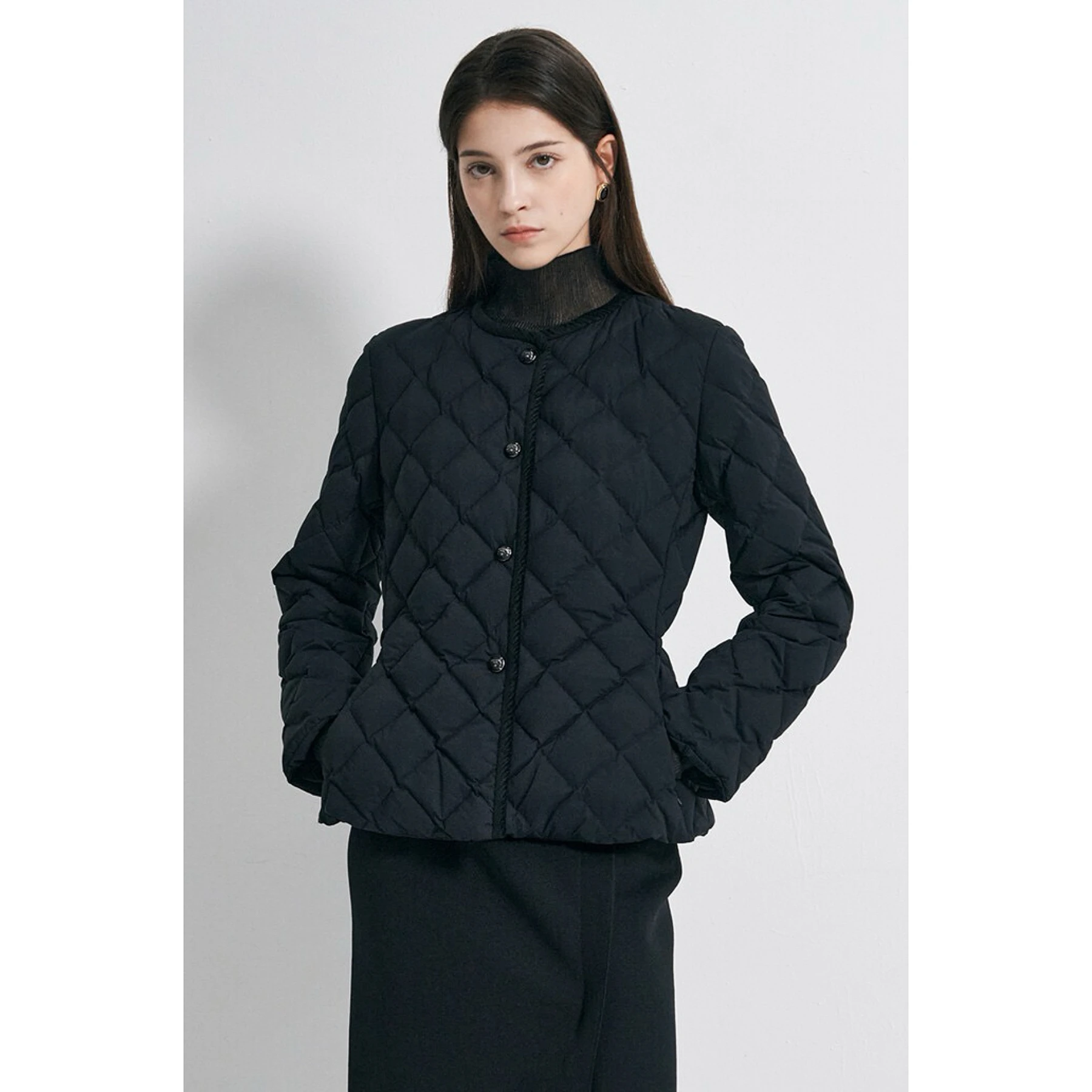 Casual round Neck Quilted Short Jacket Lemon Cheese OBZ26 Autumn Versatile Grid Pattern Waist-Cinching Polyester Fiber