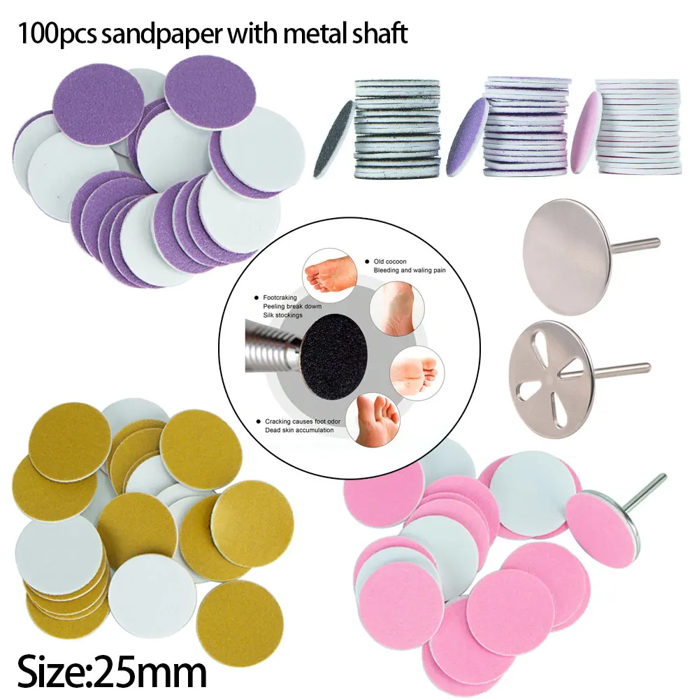 25mm 100pcs/Box Replacement Sandpaper Disc with Metal Shaft Set Manicure Pedicure Sanding Paper Remove Dead Skin Calluses Tools