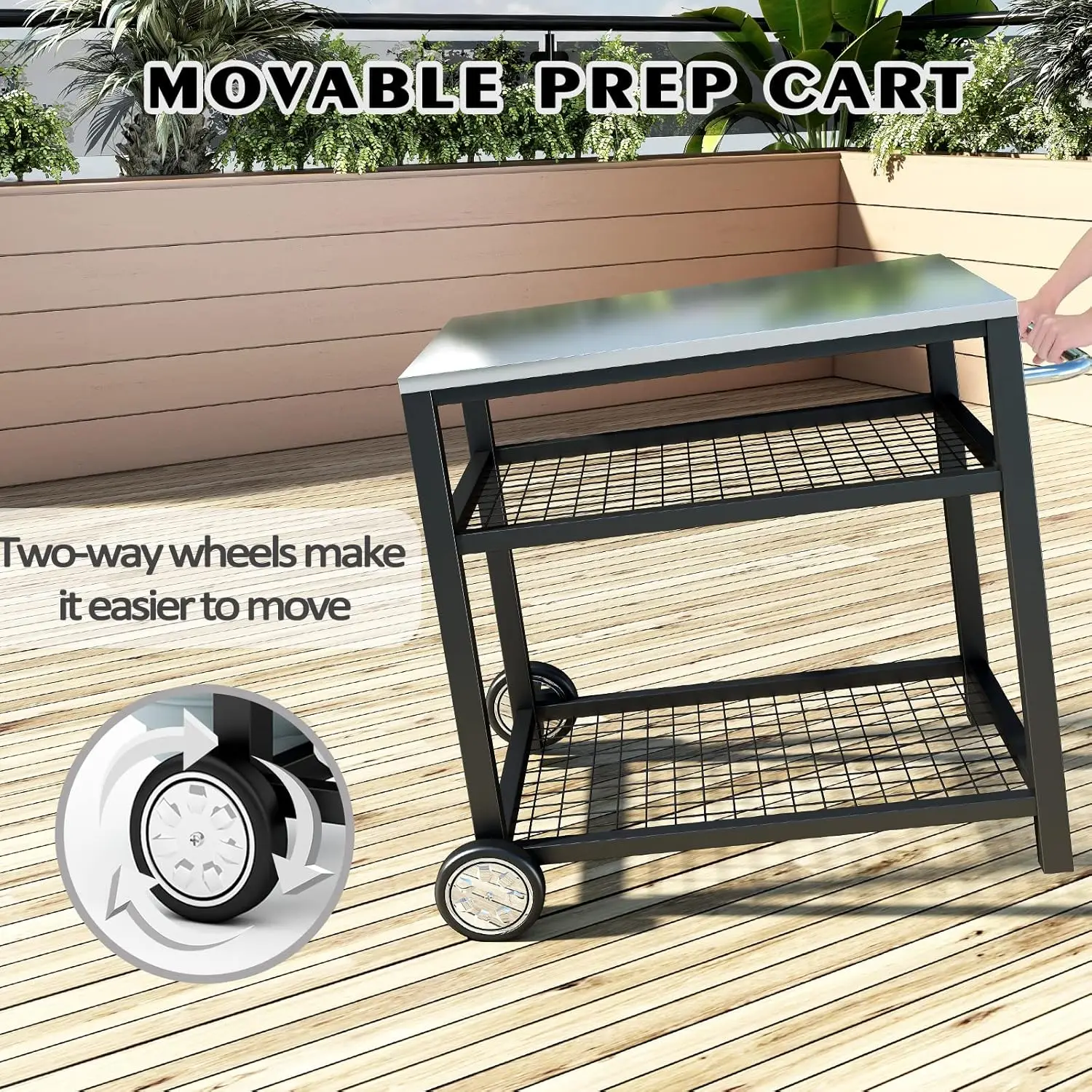 Movable Food Prep and Work Cart, aço inoxidável Grill Cart, mesa modular com rodas e alça, prateleira dupla, comercial