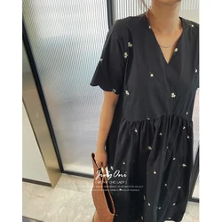 Embroidered Dress Woman Short Sleeve 2023 Summer Clothing Style Elegant Korean Fashion Blouses Beach Long Robe Floral Vintage