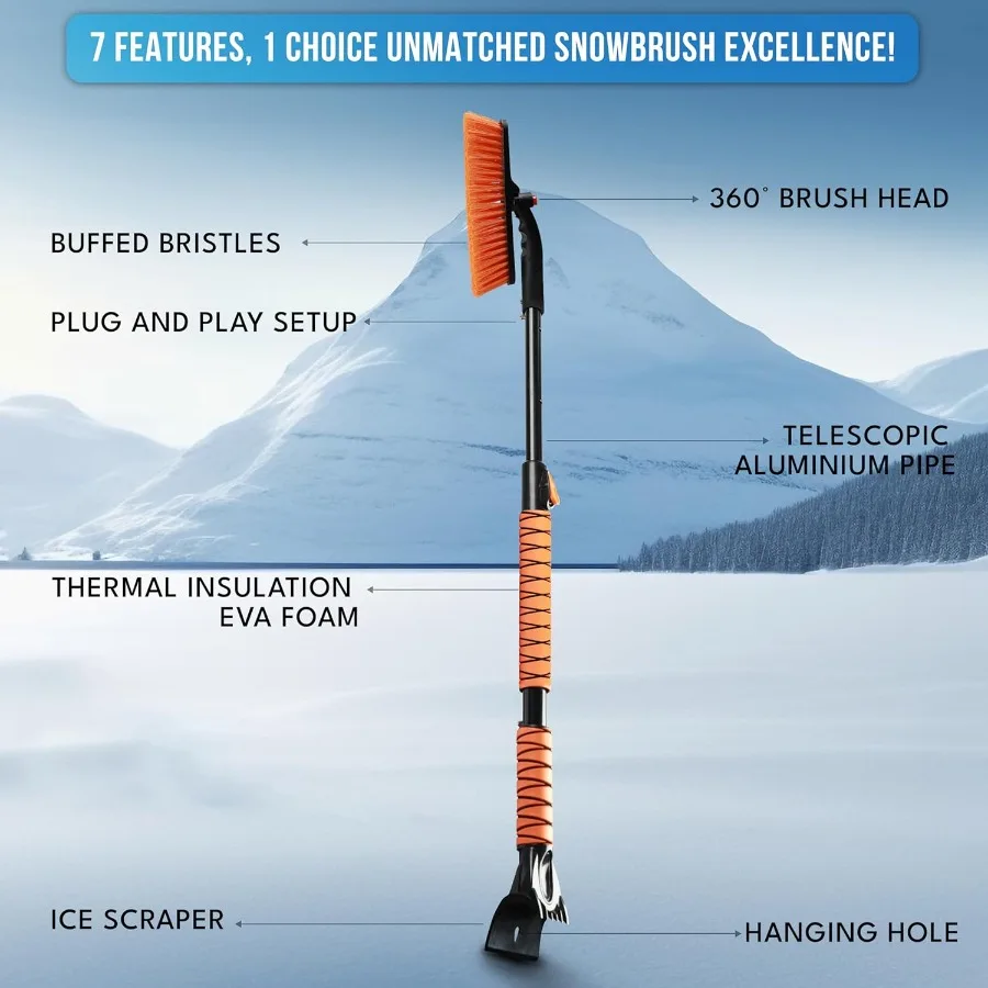 فرشاة ثلج 44.7 3 في 1 لسيارات الدفع الرباعي مع تصميم 360 محوري قابل للتمديد فرشاة ثلج طويلة لكاشطات الثلج والثلج للزجاج الأمامي