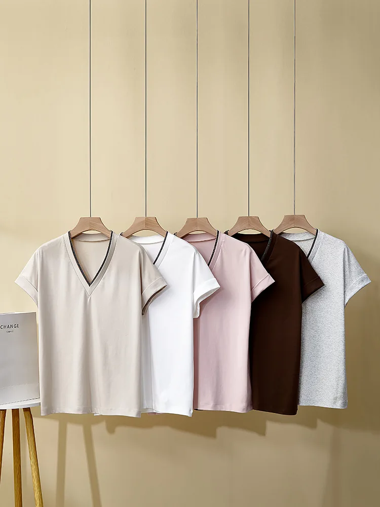 

Summer New Style Women'S Tops V-Neck Temperament Simple Loose Comfortable Bead Chain All-Match Cotton Short-Sleeved T-Shirt