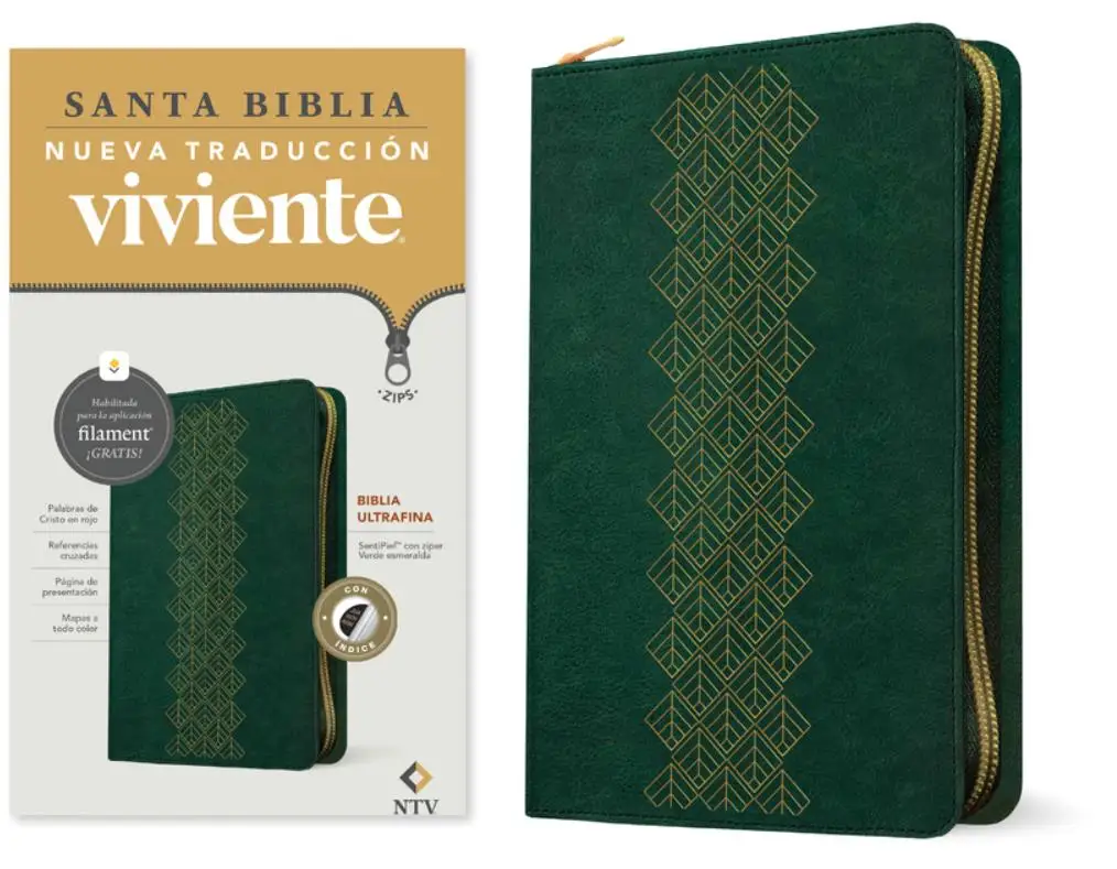 Biblia Ultrafina NTV con Zíper Verde Esmeralda, Filament, Índice y Letra Roja - Edición Compacta