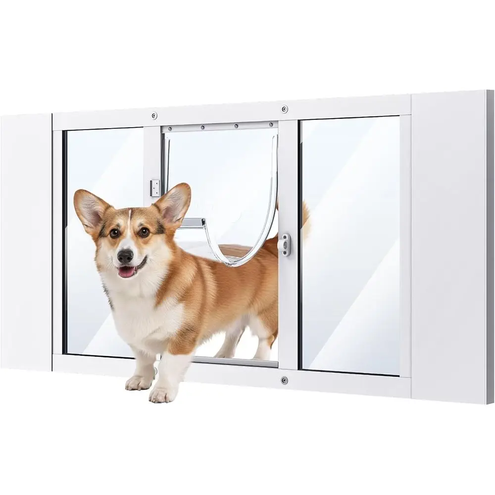 

Дверь для собак для окна, окно с алюминиевой рамой, дверь для домашних животных, регулируемая посадка для раздвижных окон шириной 33-38, магнитная застежка, подходит для собак