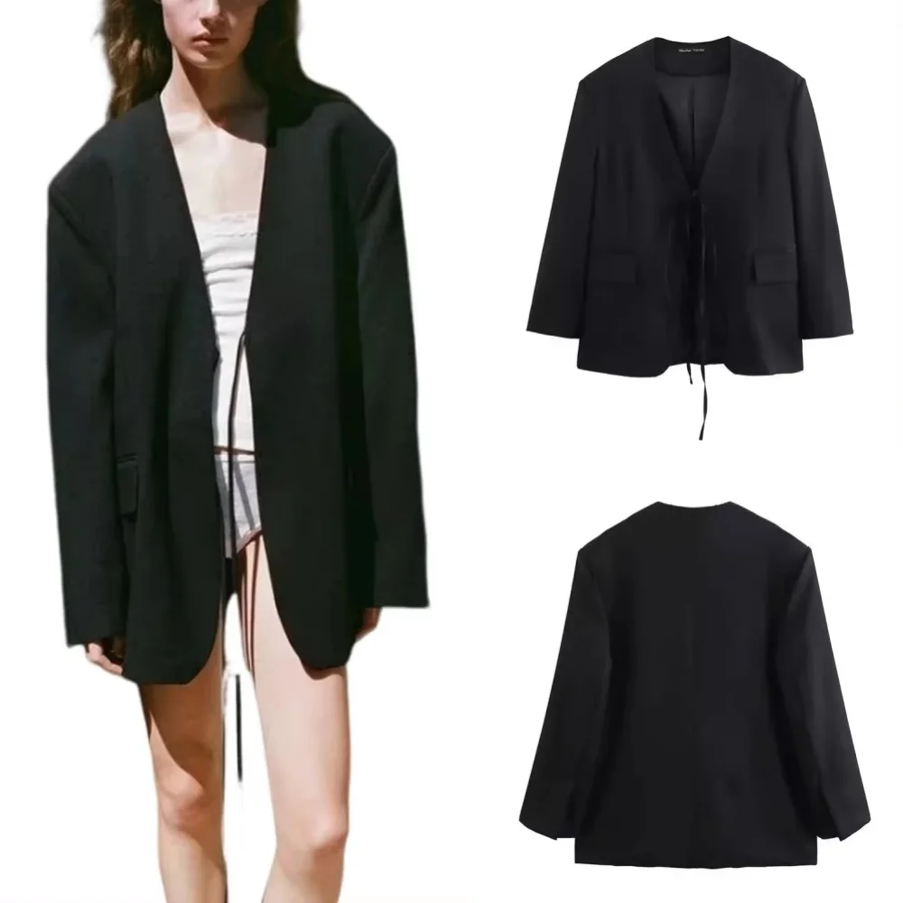 Casual Oversized Black Blazer Women V Neck Bow Tie Pockets Loose Jackets Fashion 2024 Streetwear Women Outwears