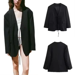 Casual Oversized Black Blazer Women V Neck Bow Tie Pockets Loose Jackets Fashion 2024 Streetwear Women Outwears