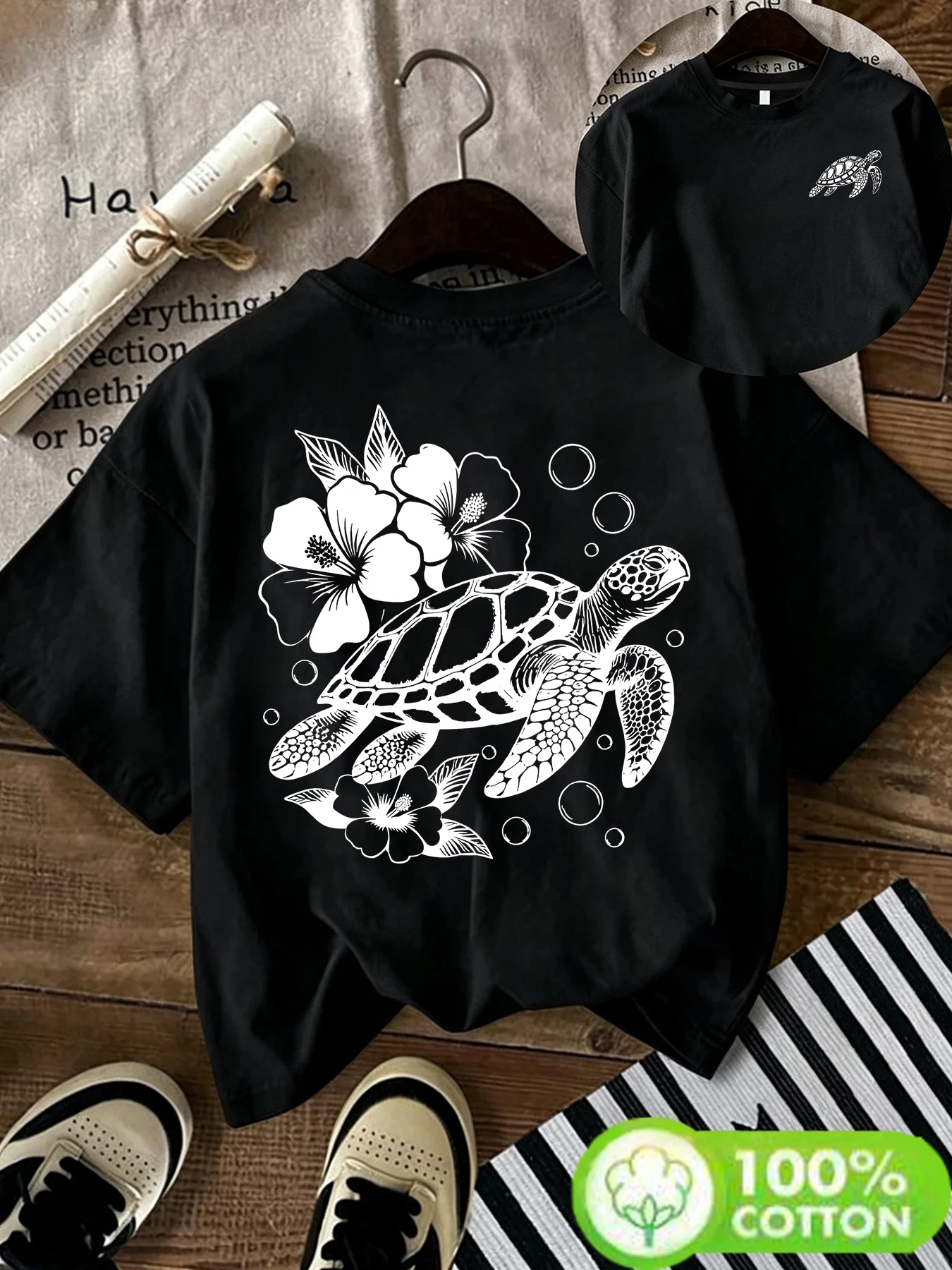 【ZXH466】Street trend summer women's casual short sleeved cotton T-shirt turtle print short sleeved women's cotton top