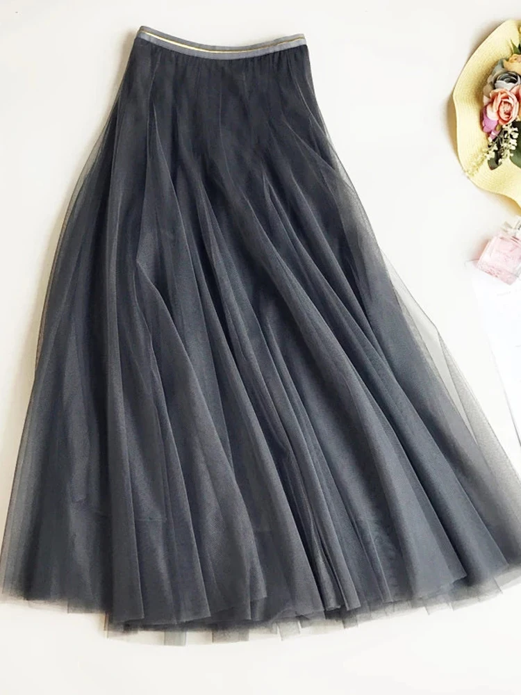 Ball Gown 2023 New Summer Elastic Waist Long Slim Mesh Skirt High Waist Solid Pleated tutu Skirts for Women Saias Faldas