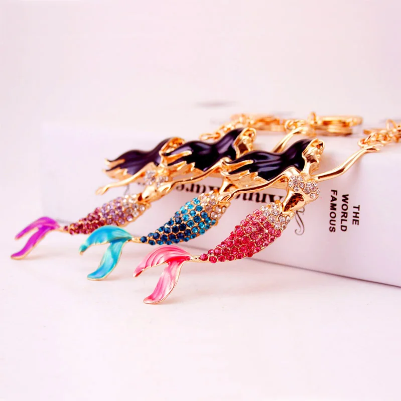 Cute Rhinestone Crystal Mermaid Keychain Animal Beautiful Fish Key Chain Key Ring Holder Bag Pendant Accessories Keyring