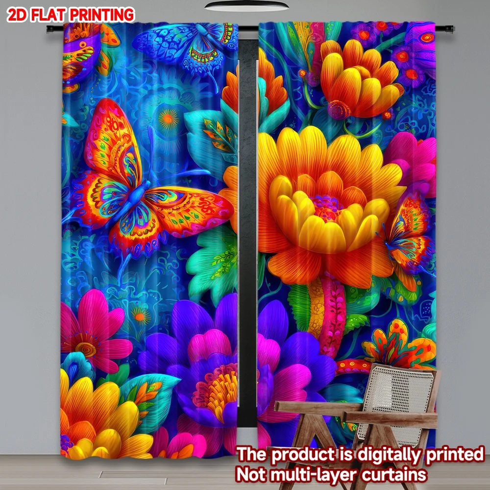 

2D flat printing 2pcs Party Curtains Vibrant Butterflies and Flowers Digital Printed Polyester Drapes Festive Curtains for