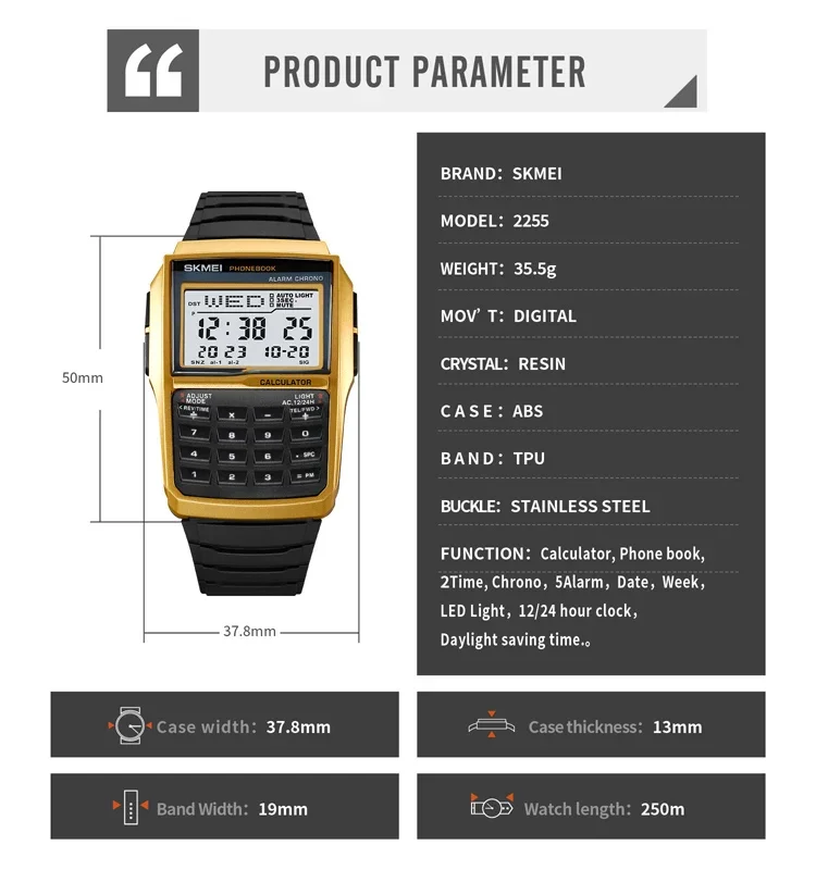 SKMEI 2255 ساعة آلة حاسبة رياضية مزدوجة الوقت للرجال ساعات معصم رقمية للرجال العد التنازلي كتاب هاتف غير رسمي Montre Homme 1278