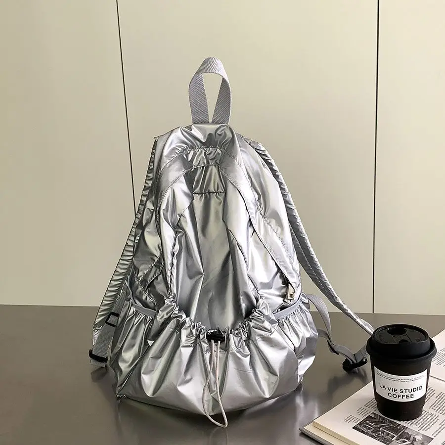 LEFTSIDE-mochila de prata grande com cordão para mulheres, mochila de couro PU na moda coreana, mochilas escolares para adolescentes e meninas, 2023