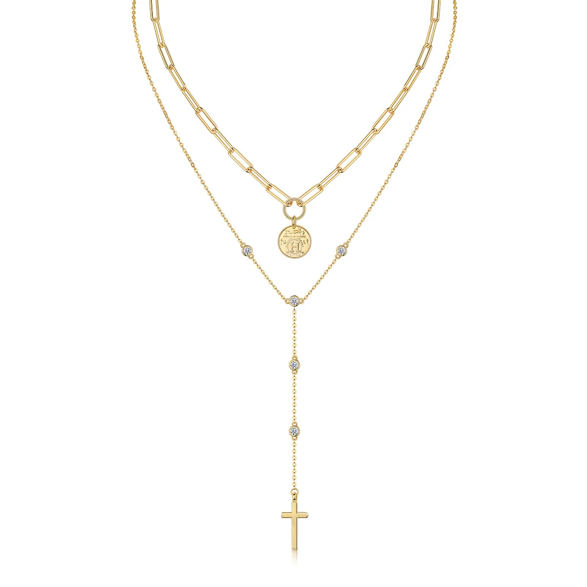 LinkerLove Layered Moissanite Necklace for Women 925 Silver 3 Layer Stacking Design Teardrop Four Leaf Clover Pendant Jewelry