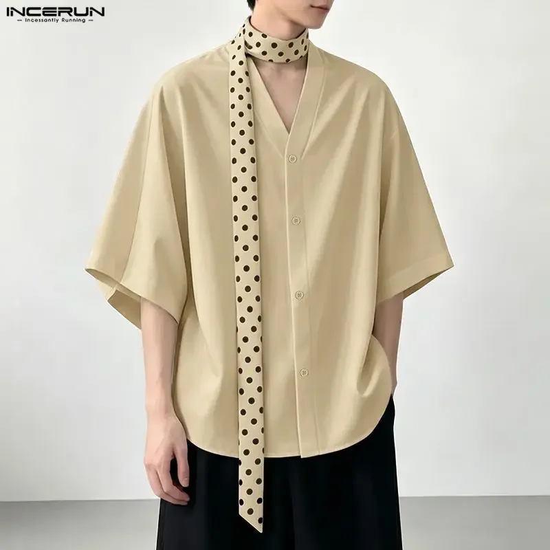INCERUN Men's Shirt Polka Dot Print Belt Patchwork V Neck 3/4 Sleeve Menswear Clothing Streetwear 2026 Tops Loose Fashion Shirts