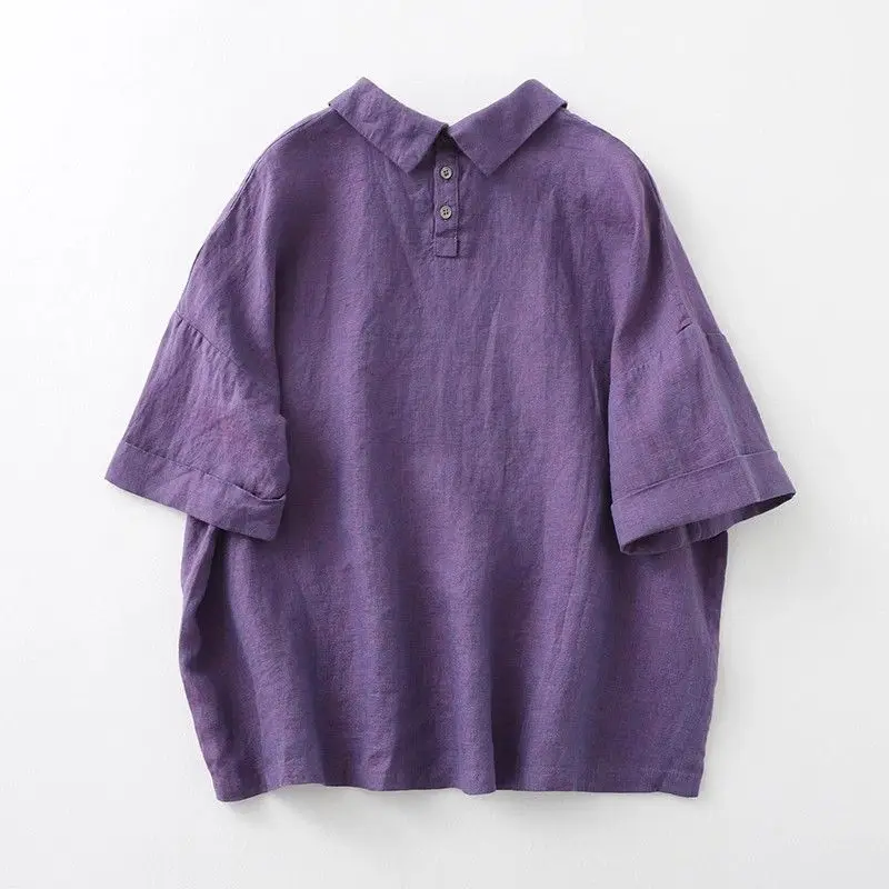 

Solid Color Retro Pullover Short-sleeved Shirt for Summer Loose and Versatile Casual Cotton and Linen Slimming Top