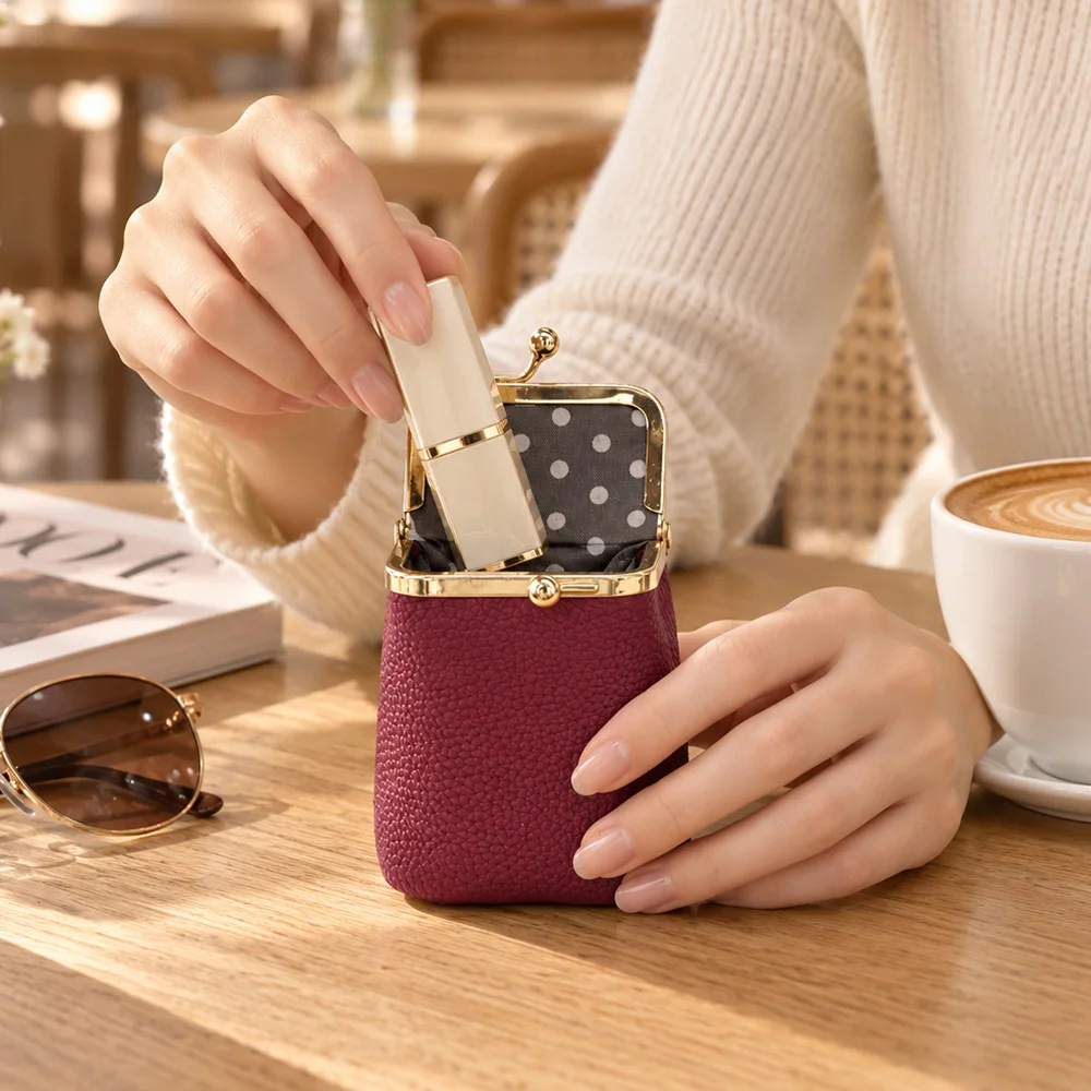 Women's Vintage Lipstick Holder, Mini Kiss Lock Coin Purse, Textured Leather Pouch for Earbuds, Cash and Small Items makeup bag