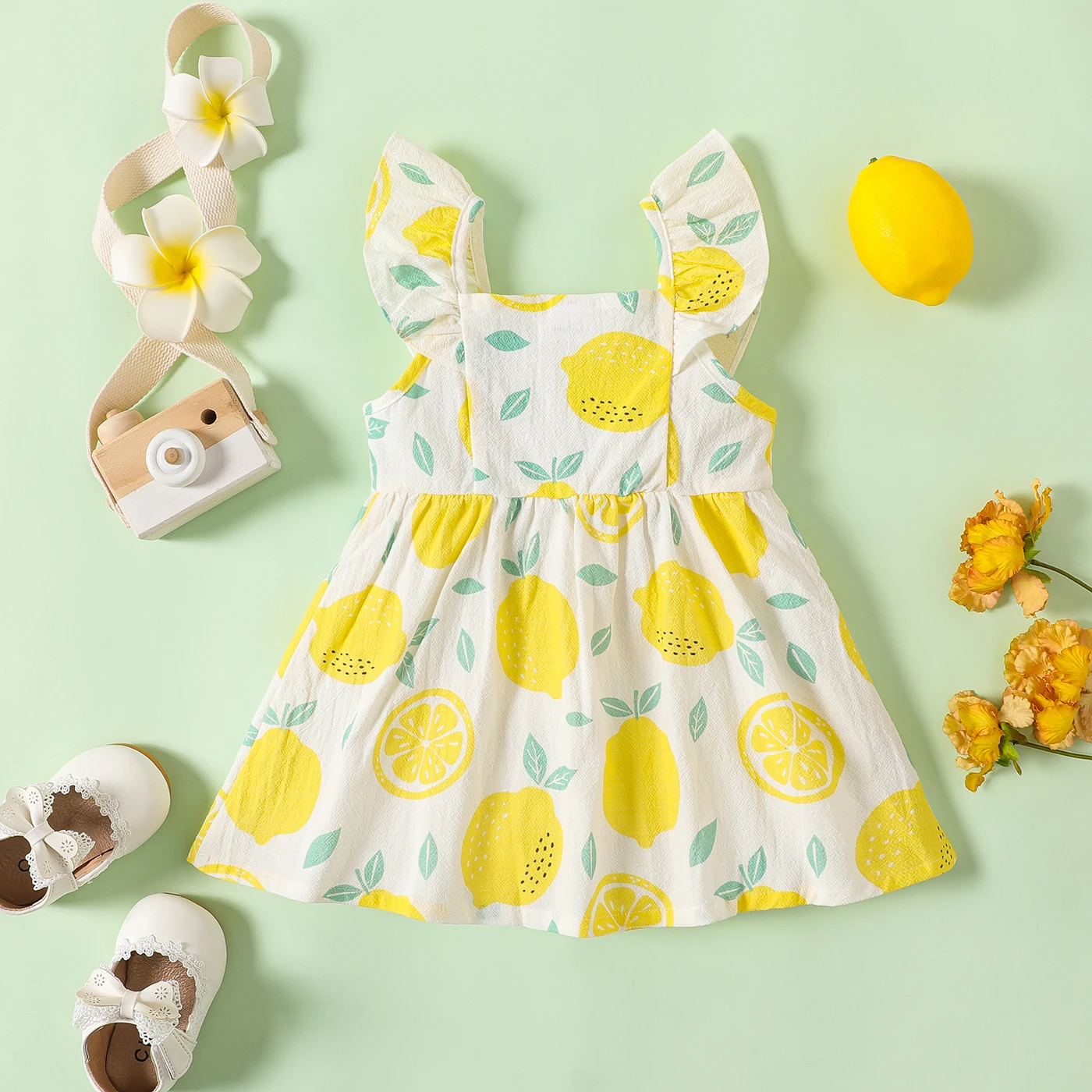 PatPat 1pc Baby Girl Plaid&Lemon&Fruit Sweet Dress