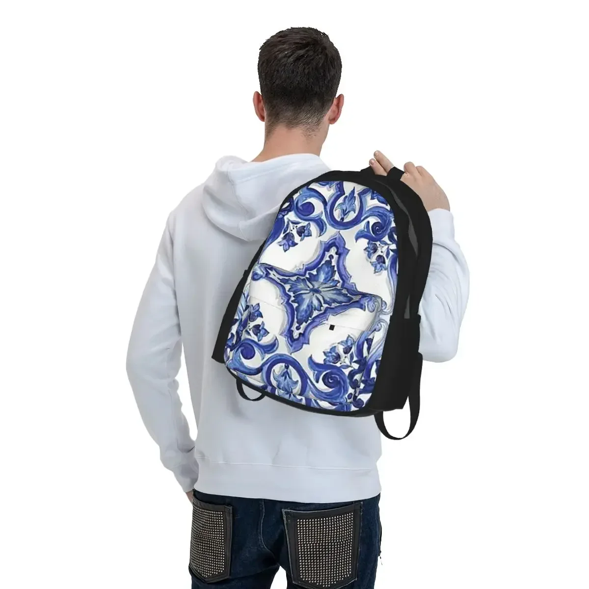 Blue Ornate Floral Mediterranean Sicilian Tile Backpack Boys Girls BookBag School Bag Laptop Shoulder Bags for Men Women