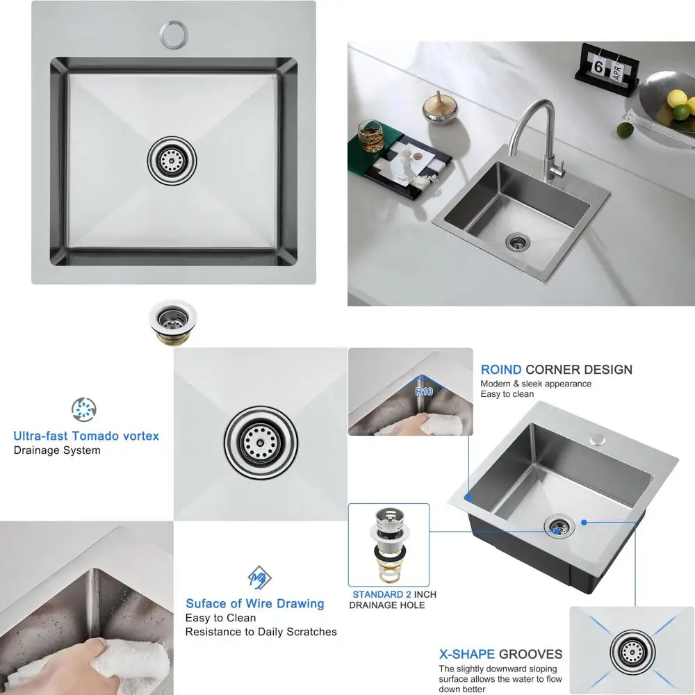 

15x15 Inch Single Bowl Drop-in Bar Sink, T-304 Stainless Steel, 1 Faucet Hole, RV Kitchen Sink with 2 Drain Holes