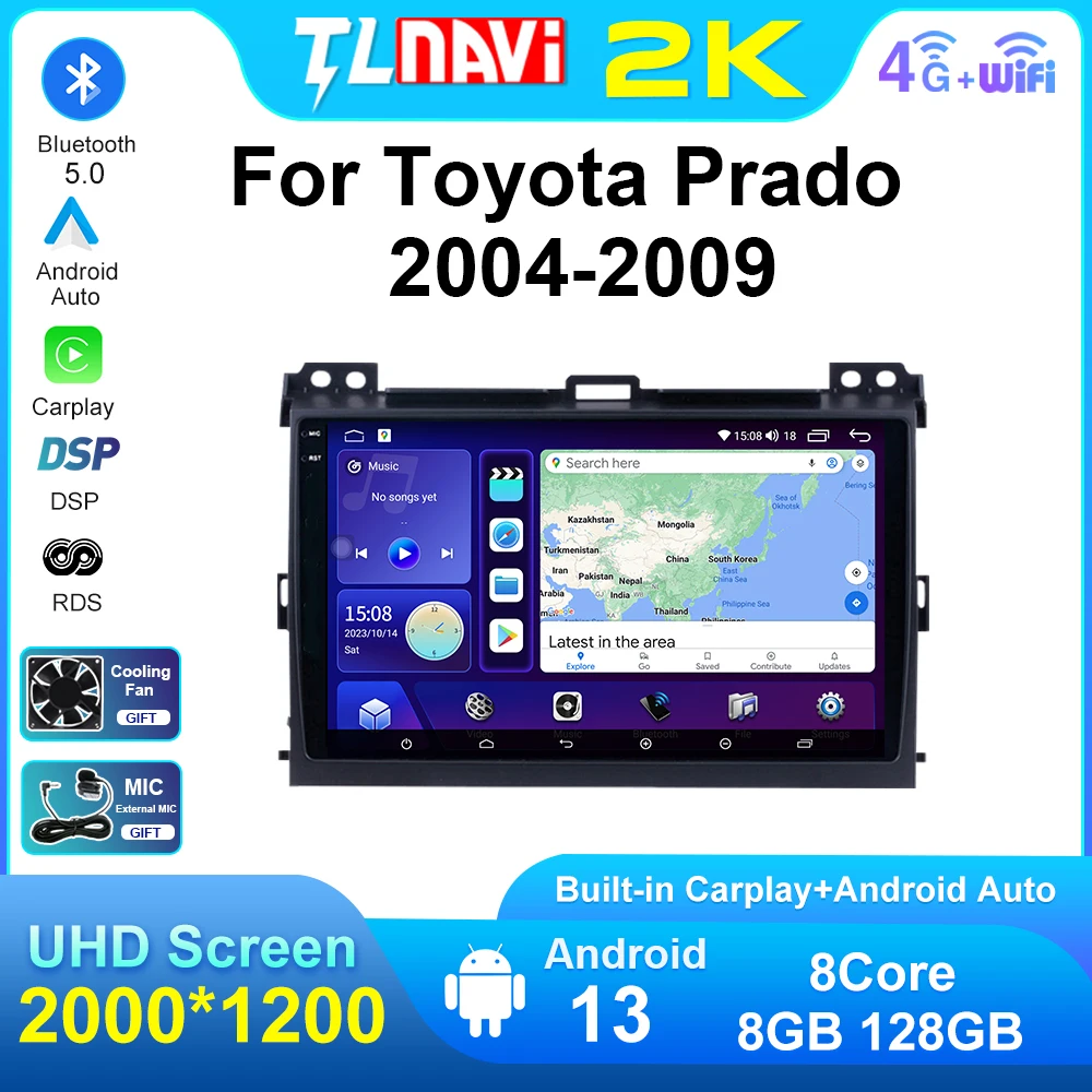 

Автомобильный радиоприемник Tulenavi 2K Carplay AndroidAuto для Toyota Land Cruiser Prado 120 2004-2009, мультимедийный стерео плеер с GPS-навигацией