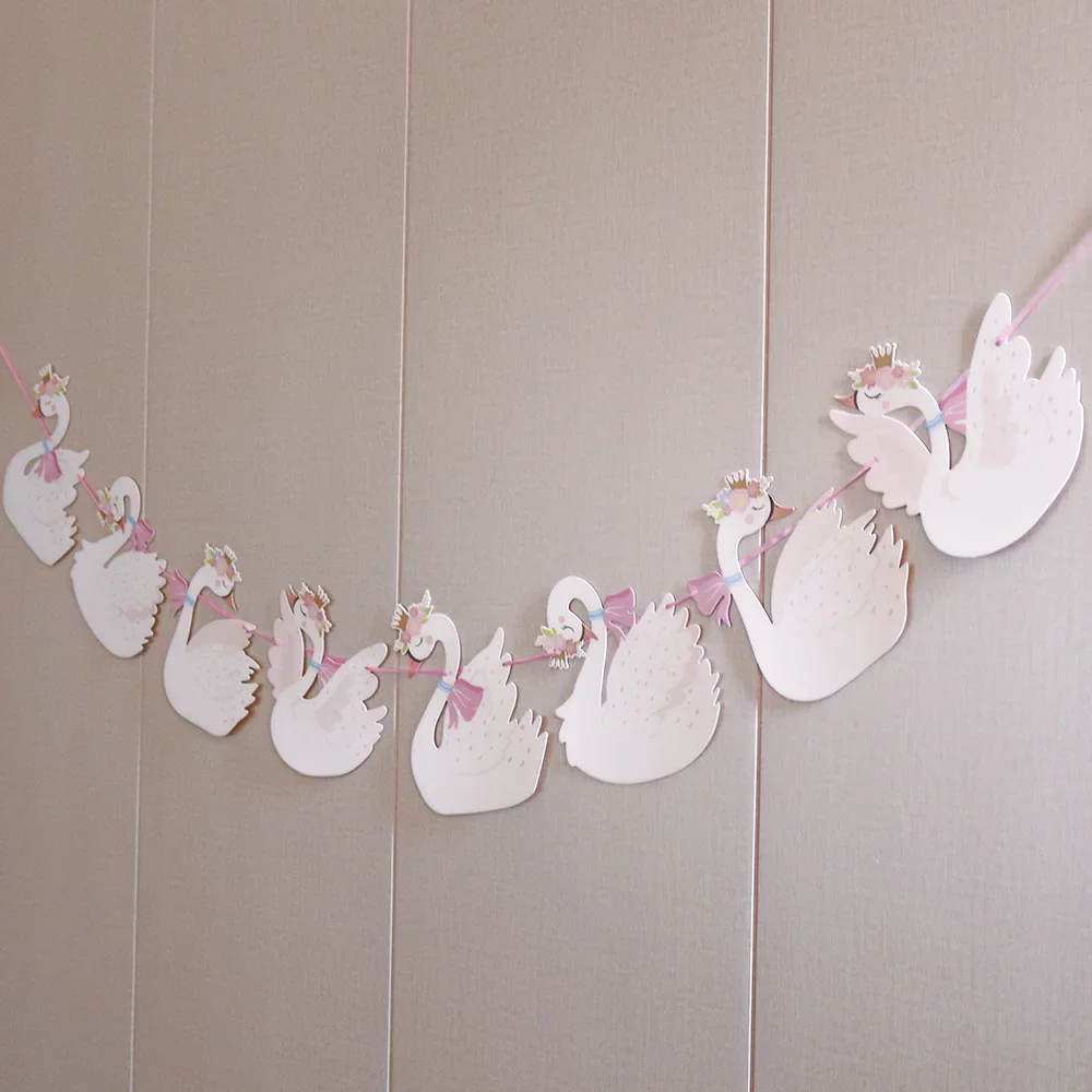 White Pink Happy Birthday Banner Decorations Baby Shower Paperboard Swan Princess Birthday Party Bunting Hanging Wall Decor