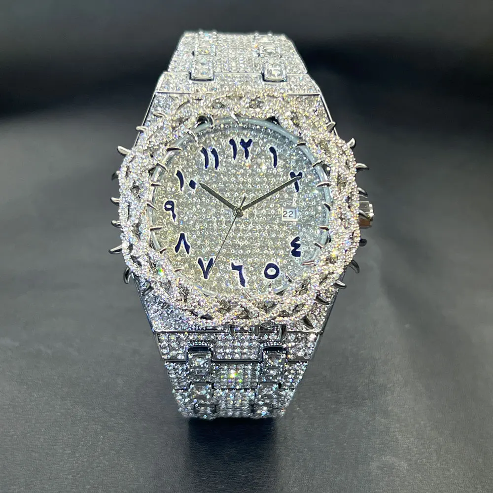 

Дропшиппинг Кварцевые часы для мужчин Цветочный корпус Роскошные мужские часы с бриллиантами с большим циркониевым безелем Модные ручные часы в стиле хип-хоп Новые