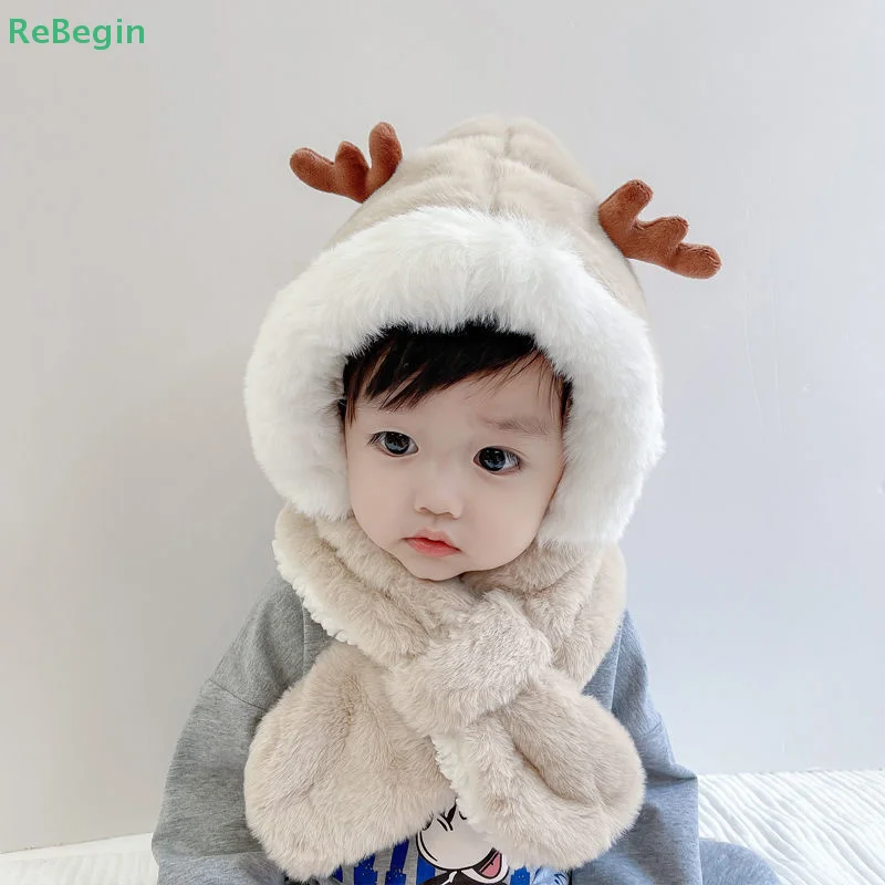 Autumn And Winter Children's Hats Ear Protection One Hat For Baby Boys Little Antlers And Wool Thickened Thermal Pullover Hat