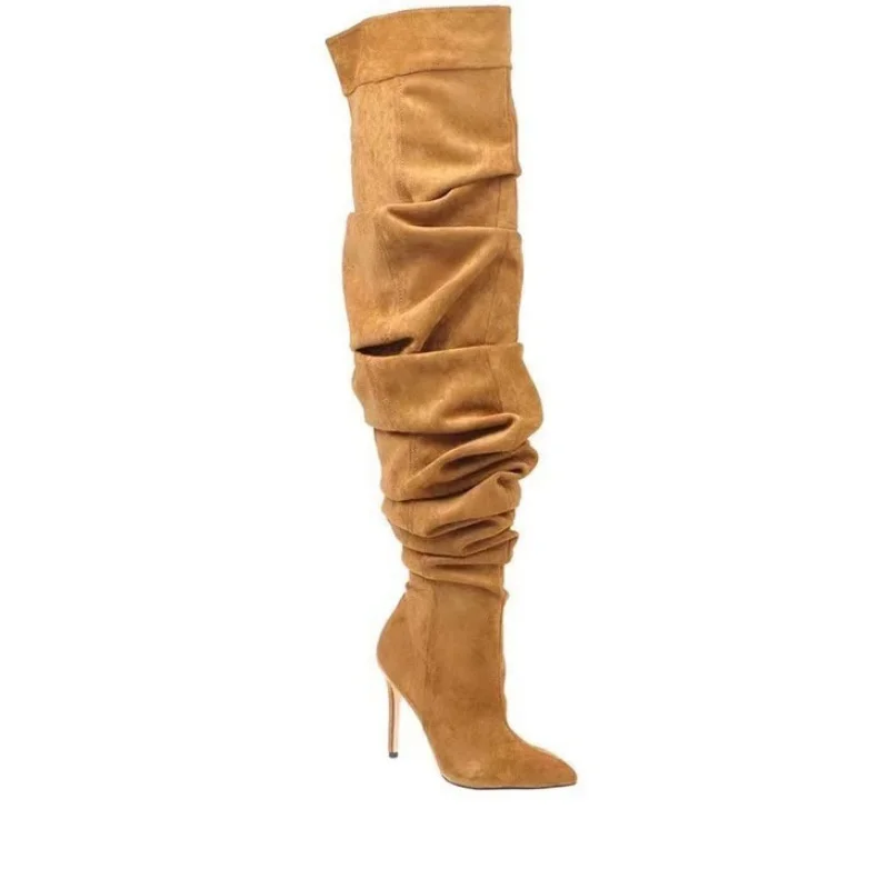 Autumn and Winter Women's Sexy Pointed Fashion Stage Over The Knee thigh Boots 46 large size  Suede High-heeled Wrinkled Boots