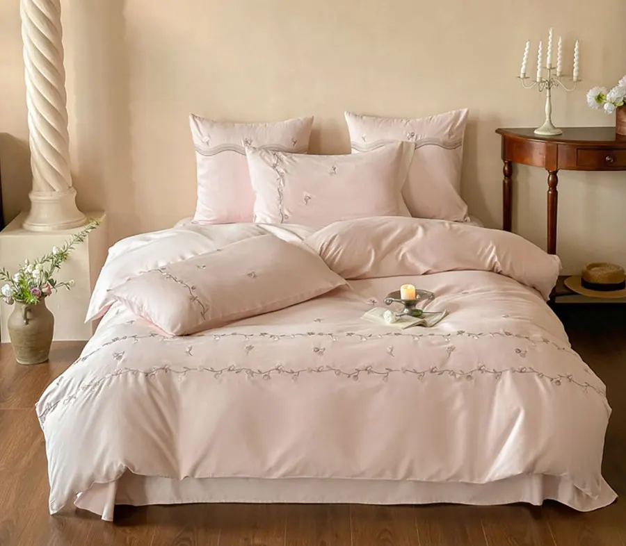 Elegant sweet embroidery flower green pink bedding set,full queen king cotton home textile bed sheet pillow case duvet cover