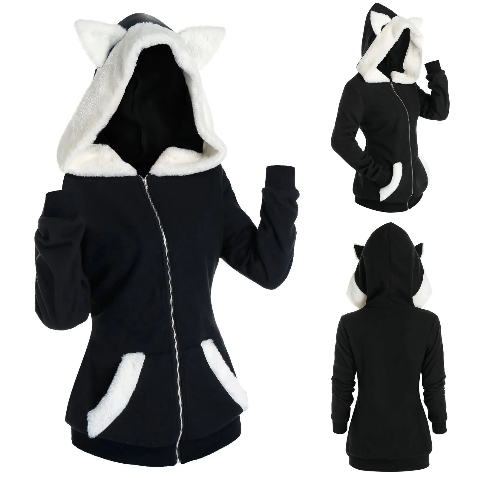 ผู้หญิงแมวหูHooded Plushเสื้อซิปเสื้อสเวตเตอร์ถักแขนยาวSlim Fit HoodiesสุภาพสตรีOversizeกระเป๋าสีดําHoodies Coat