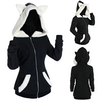 Women Cat Ears Hooded Plush Sweatshirts Zipper Cardigan Long Sleeves Slim Fit Hoodies Ldies Oversize Pockets Black Hoodies Coat
