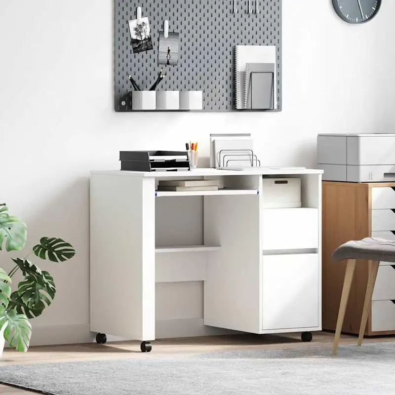 vidaXL Büroschreibtisch mit Rollen, weiß, 91 x 50 x 77 cm, Holz D'Ingénierie, für Zuhause, Arbeitszimmer, Büro, Gaming-Schreibtisch