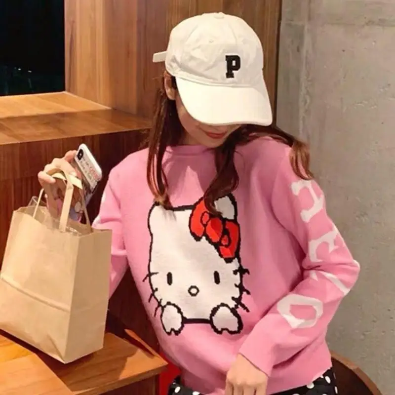 

Sanrio Hello Kitty трикотаж с длинными рукавами, модные укороченные топы, женский свитер, облегающий корейский пуловер с круглым вырезом и рисунком Y2K, одежда