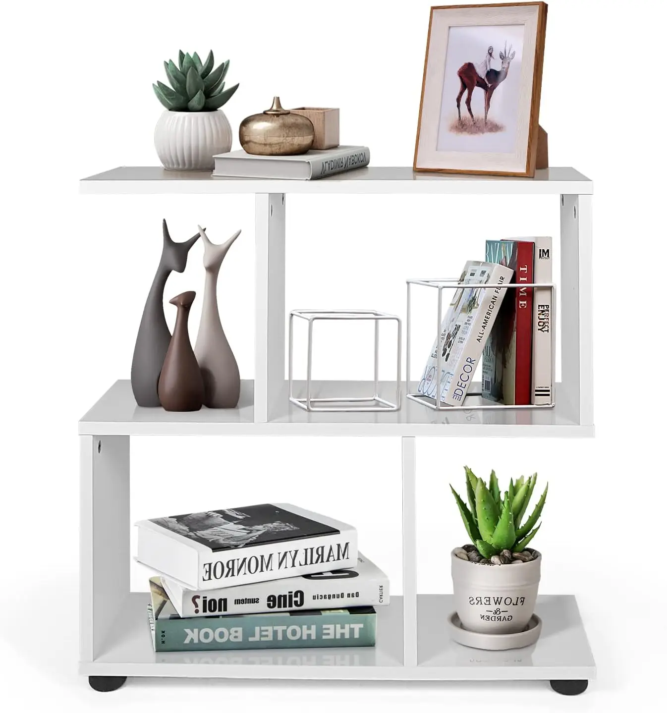 3-tier Geometric Bookshelf, 24’’ Tall Wood S-Shaped Display Shelves with Thick Foot Pads, Freestanding Open Shelves Nightstand