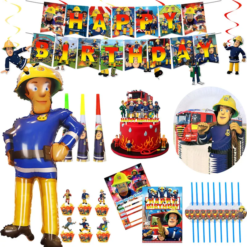 

Fireman Sam Theme Birthday Party Decor Tableware Paper Cup Banner Plate Fireman Sam Balloon Party Supplise Boy Baby Shower