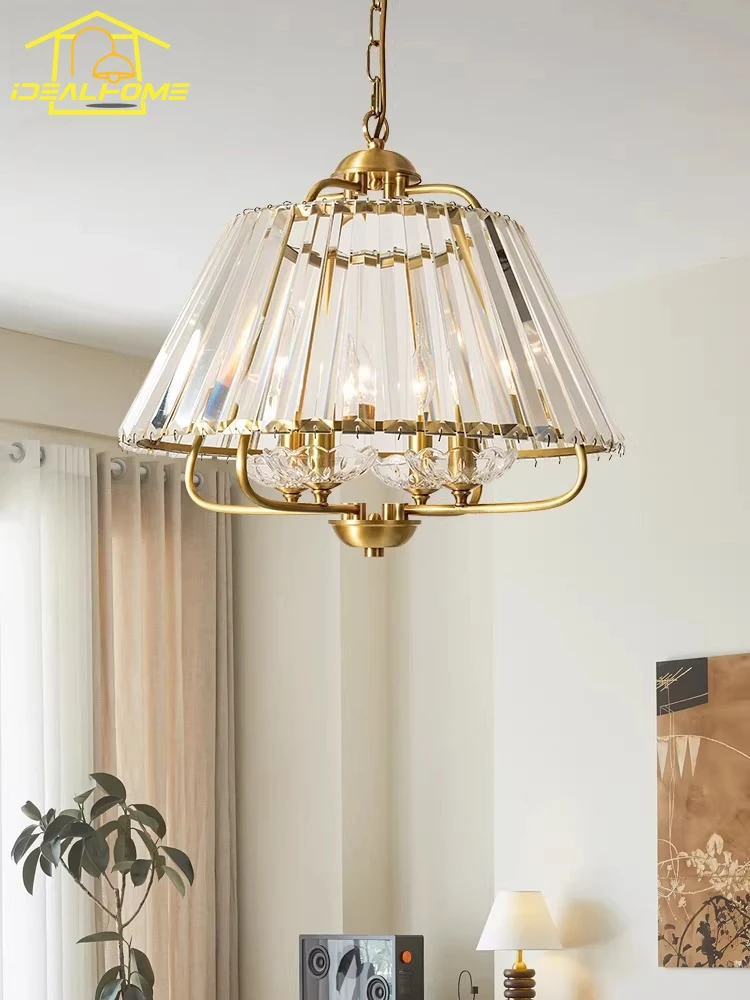 American Luxury Fashion Copper Crystal Pendant Lights LED E14 French Simple Atmosphere Hanging Lamp Bedroom Study Restaurant Bar