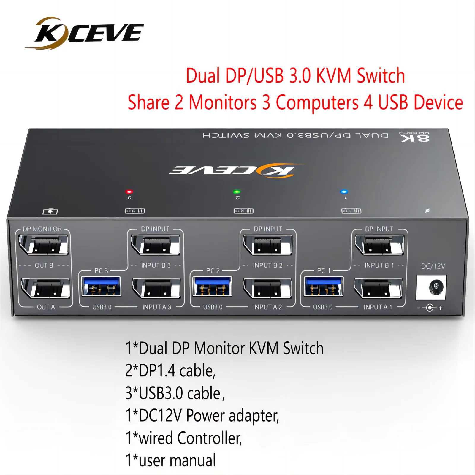 

KCEVE KVM Switch 2 Monitors 3 Computers 8K@60Hz 4K@144Hz,USB3.0 Dual Monitor KVM Switches Displayport 1.4 with 4 USB 3.0 Device