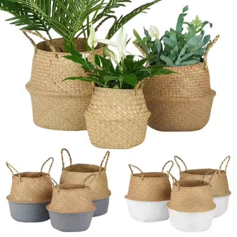 

Laundry Storage Basket Seagrass Wicker Foldable Plant Pot Toy Organizer Rattan Container for Home Garden Use