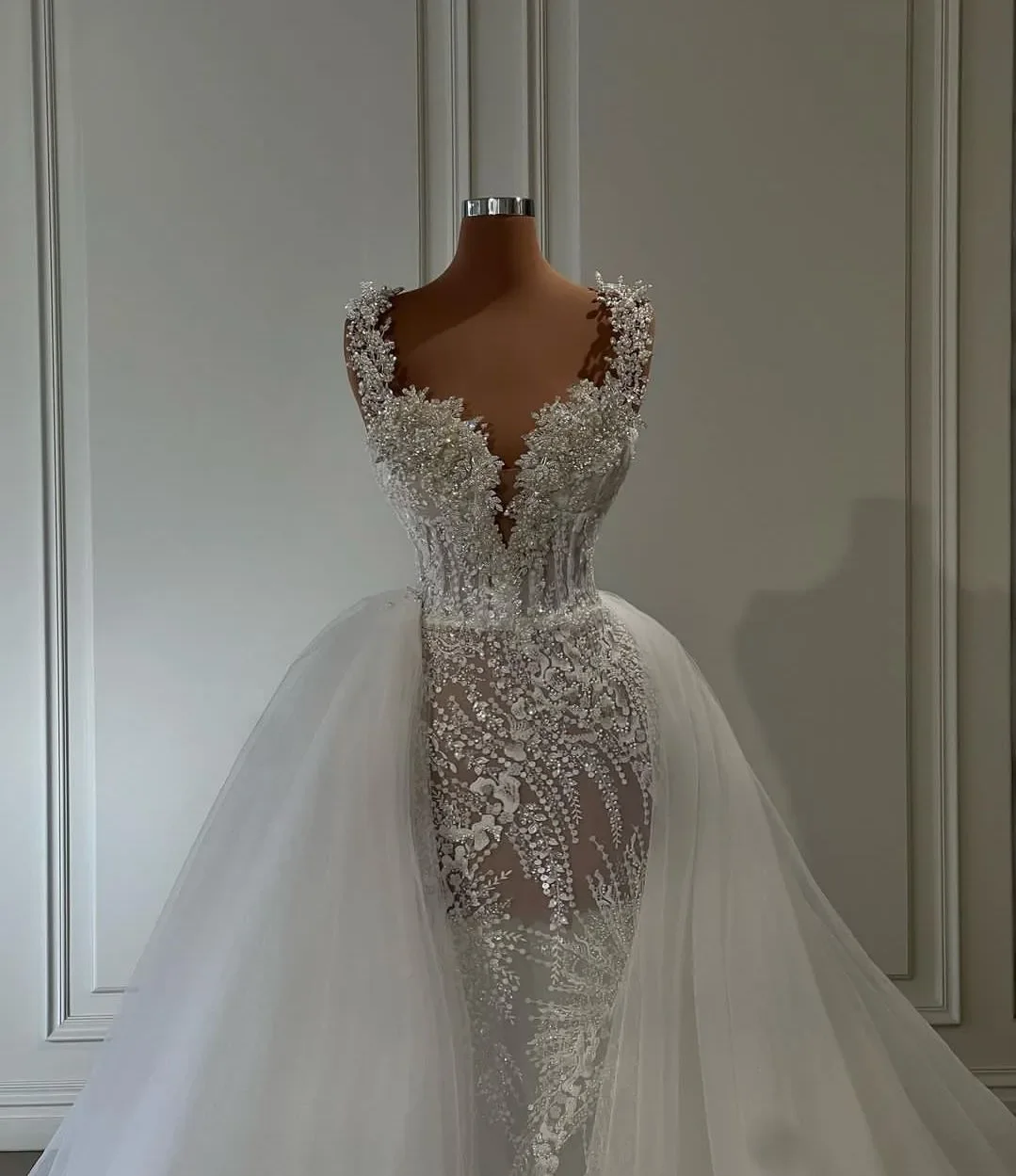 Luxury Mermaid Lace Crystal Bead Decoration Wedding Dress Sexy V-Tie Detachable Train Robe De Mariée Bridal Gown Customized