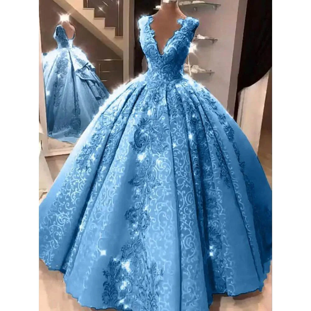 Bescheidenes Ballkleid Quinceanera-Kleider mit V-Ausschnitt, rückenfrei, Sweep-Zug, Applikationen, Spitze, Abschlussball-Party-Kleider für Mädchen ab 15 Jahren