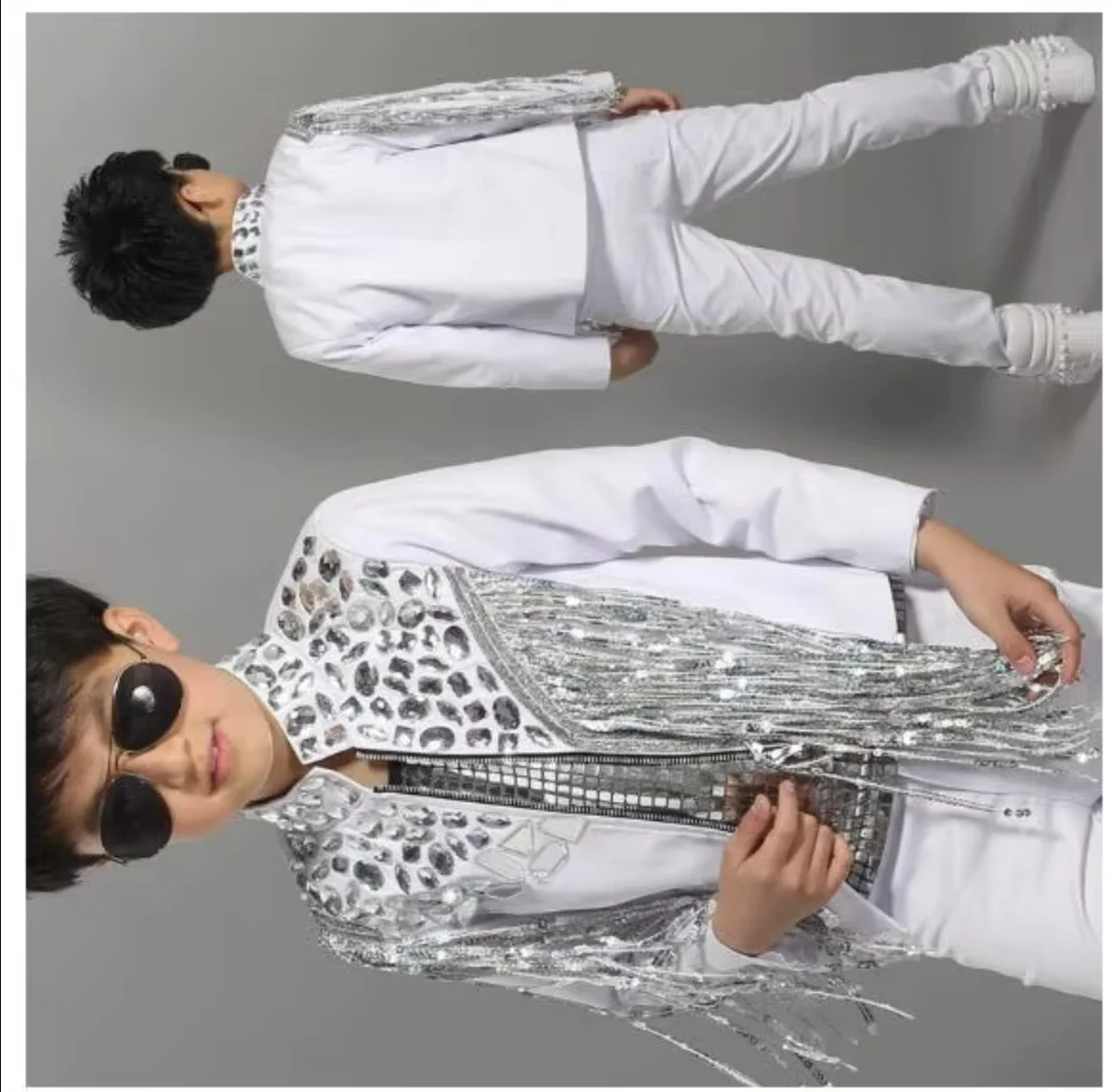 

Boys Singer Stage Show Wear New Hip Hop Costume Children White Jacket Silver Sequined Tassel Coat Jazz Dancing Clothes